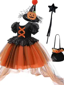(Dress + all accessories) Halloween children's costume girls orange gauze skirt little witch performance costume party dress skirt stage performance costume