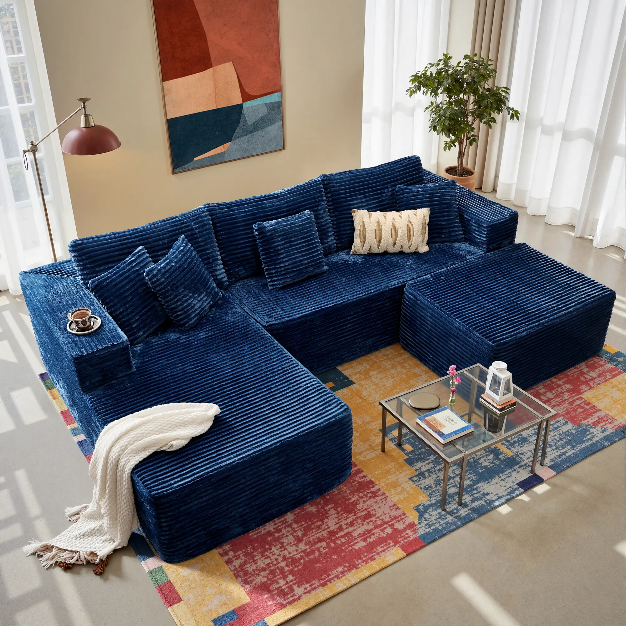 108“Blue Corduroy Left Chaise With Ottoman