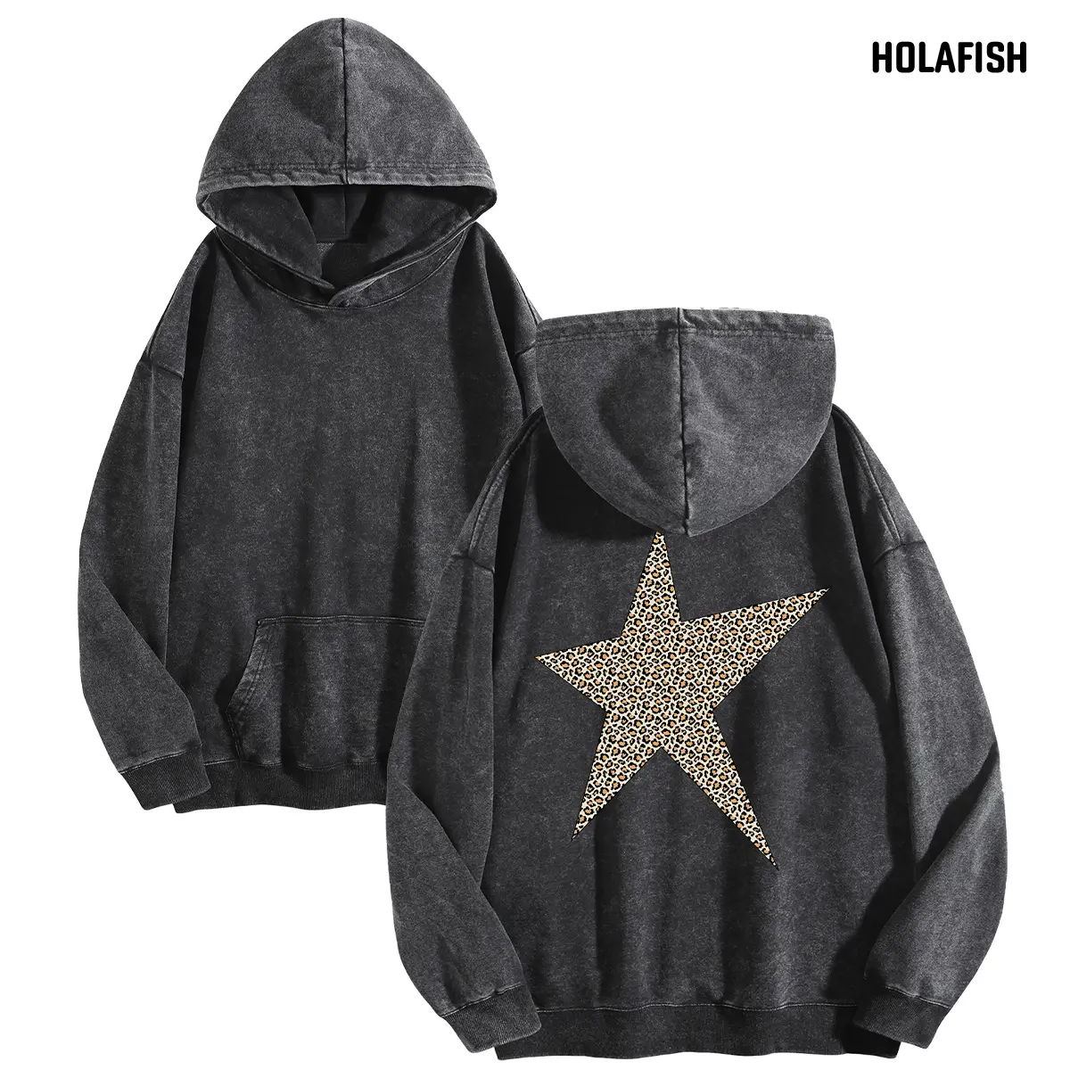 Holafish Women's Print acid wash Hoodies Oversized Heavyweight Vintage Sweatshirt Winter Warm Streetwear Loose Fit Streetwear Casual Tunic five-pointed star pattern summervibes