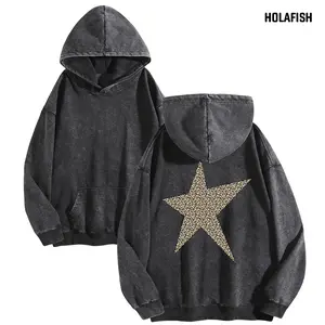 Holafish Women's Print acid wash Hoodies Oversized Heavyweight Vintage Sweatshirt Winter Warm Streetwear Loose Fit Streetwear Casual Tunic five-pointed star pattern