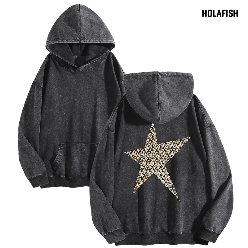 Holafish Women's Print acid wash Hoodies Oversized Heavyweight Vintage Sweatshirt Winter Warm Streetwear Loose Fit Streetwear Casual Tunic five-pointed star pattern summervibes