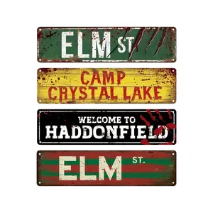 4PCS, Vintage Horror Movie Road Metal Tin Sign, Wall Metal Plaque, 4''x16''/10cm*40cm, Rustic Design, Perfect Wall Art for Home, Restaurant, Bar, Cafe, Garage, Waterproof and Dustproof