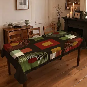 JIT+1pcs 2D flat printed tablecloth  Vintage Geometric Color Block Art Tablecloth, Aesthetic Decorative Cover for Dining Table Coffee Table, Dustproof Cloth for Home & B&B
