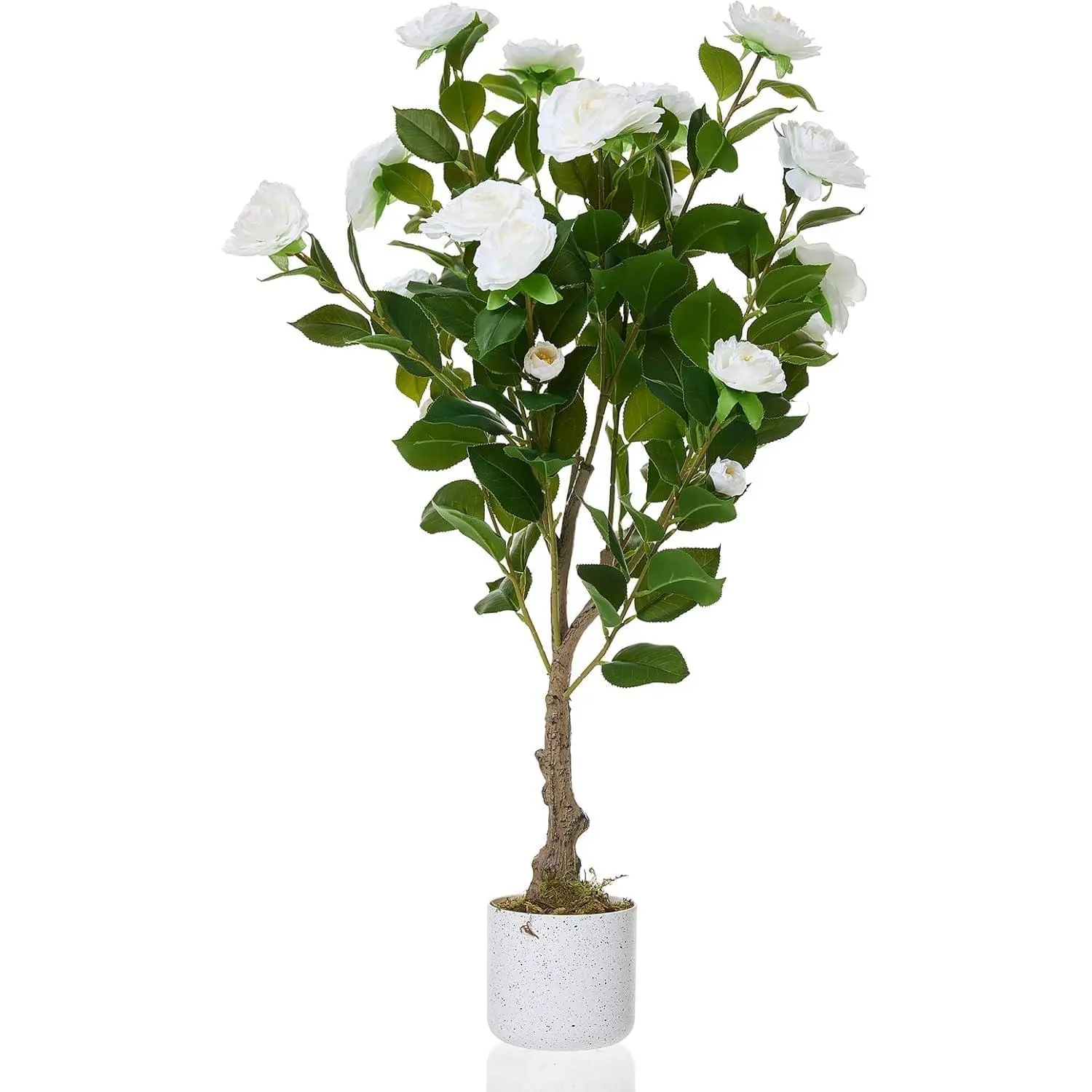 2.8FT Artificial Camellia Tree, Realistic Faux White Plants with 20 Bloomings, Sturdy White Pot, 34" Faux Flowers Potted Plant Trees for Living Room