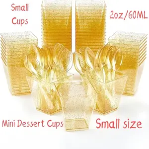 2oz Mini Plastic Dessert Cups with Spoons, 25/50/100Pcs, Small Square Glitter Clear Banana Pudding Cups for, and Transparent, Disposable Plastic Cup, Disposable Tableware, Party Supplies