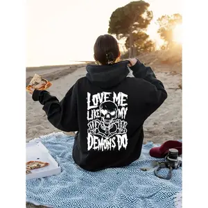 Women's Love Me Like My Demons Do Skull Print Graphic Hoodie - Cotton Blend Black Long Sleeve Pullover Regular Fit | Soft & Breathable Fabric, Durable Print, Everyday Comfort, Machine Washable, casual beachwear beach picnic at sunset