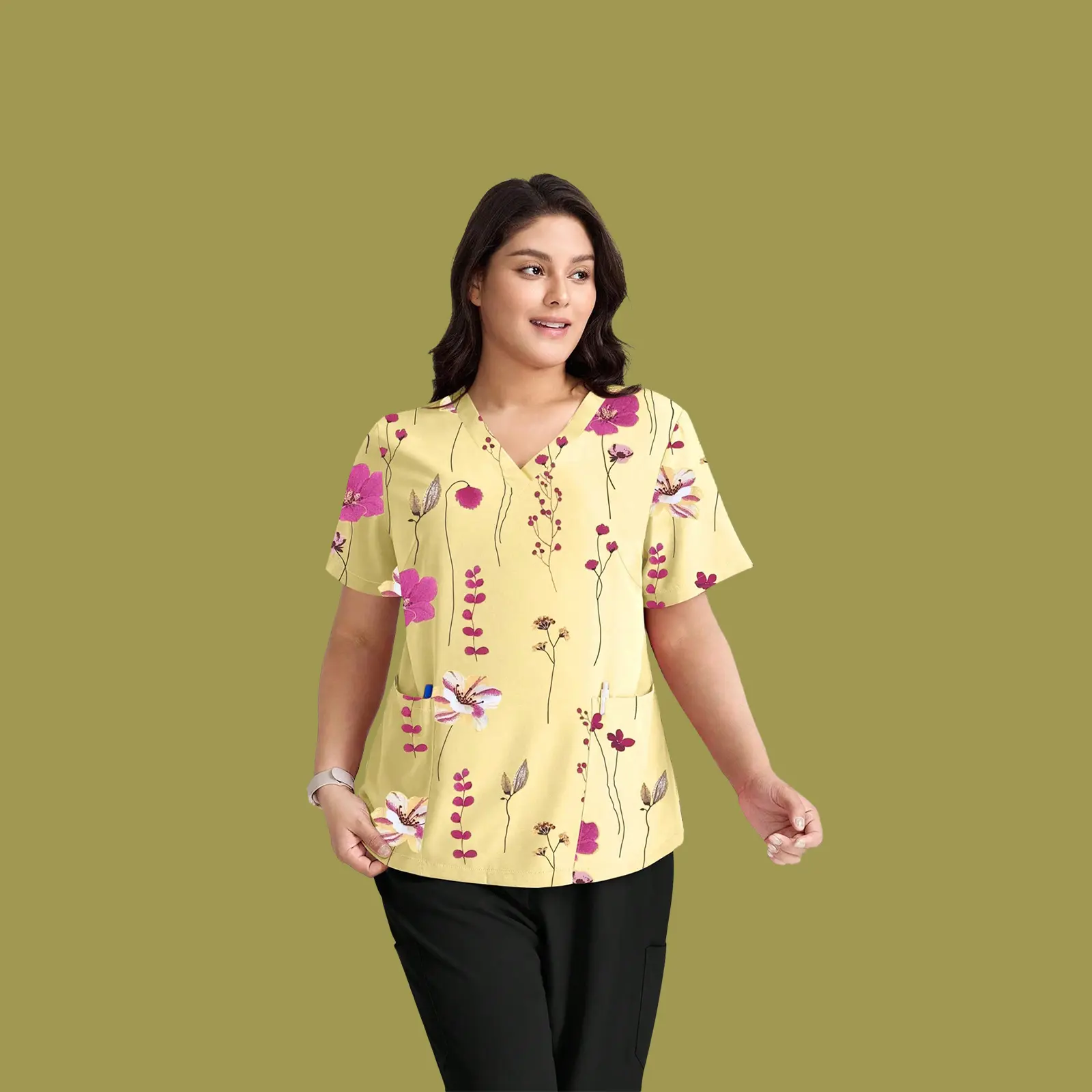 Cimmuovere Women's Christmas Themed V-Neck Scrubs with Cute Plants Prints Yellow Short Sleeve Asymmetrical Hem 100% Polyester for Nurses Dentists Healthcare Pet Hospital Laboratory Work