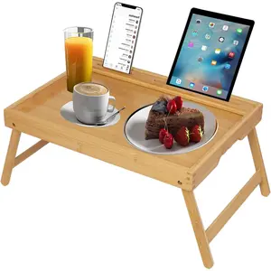 Bed Tray Table with Handles Folding Legs, Bamboo Breakfast Food Tray with Media Slot, Use As Platter, Laptop Desk, Snack, TV Tray Kitchen Serving Tray(Bamboo Medium)