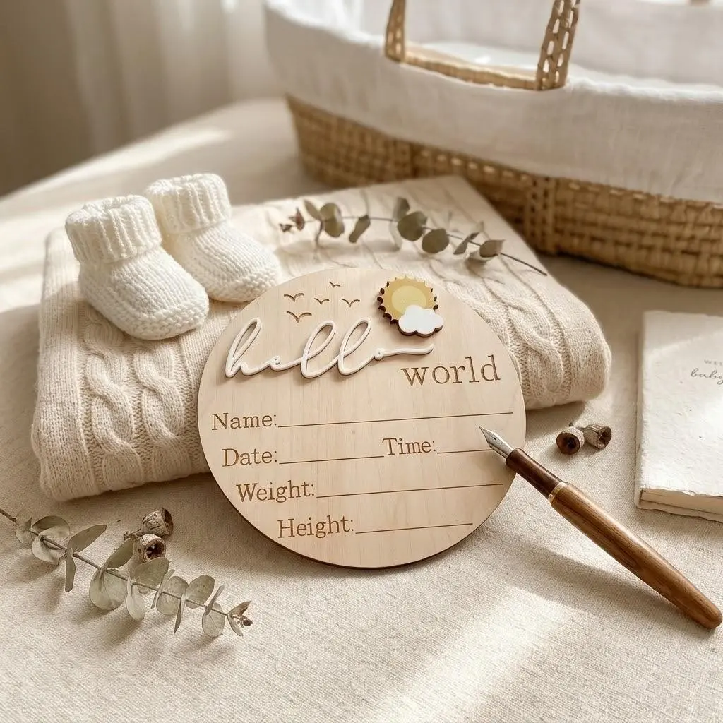 Baby Birth Memorial Decorative Plaque Hello World Wooden, Minimalist Sun Cloud Wind Newborn Photo Prop Gift, Baby Shower Decoration, Welcome Sign, Birth Announcement Sign, Wooden Home Sign