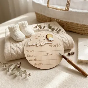 Baby Birth Memorial Plaque Hello World Wooden, Minimalist Sun Cloud Wind Newborn Photo Prop Gift, Baby Shower Decoration, Welcome Sign, Wooden Home Sign