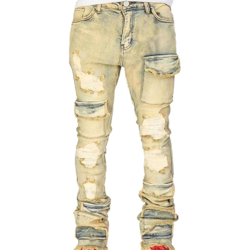 Mens Black Stacked Jeans Slim Fit Ripped Jeans Destroyed Straight Denim Pants Harajuku Hip Hop Trouser Streetwear
