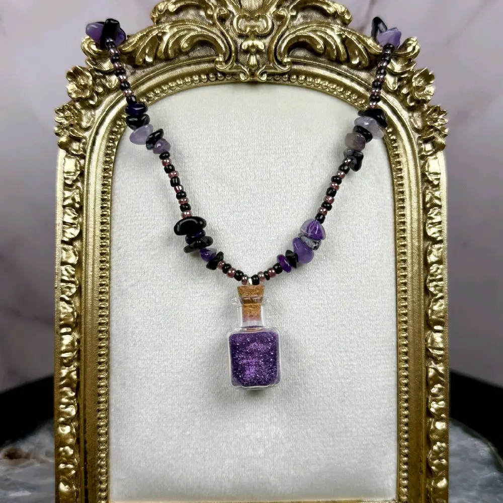 Handcrafted Amethyst and Obsidian Protection and Grounding Glow in the Dark UV Reactive Necklace