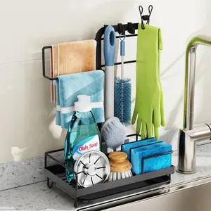 Sink Caddy Kitchen Sink Organizer - All-in-One Storage Sink Caddy with Towel Holder, Rustproof Sponge Holder with Hooks for Brush, Gloves, Dish Cloth Hanger, Kitchen Caddy with Drip Tray, Black