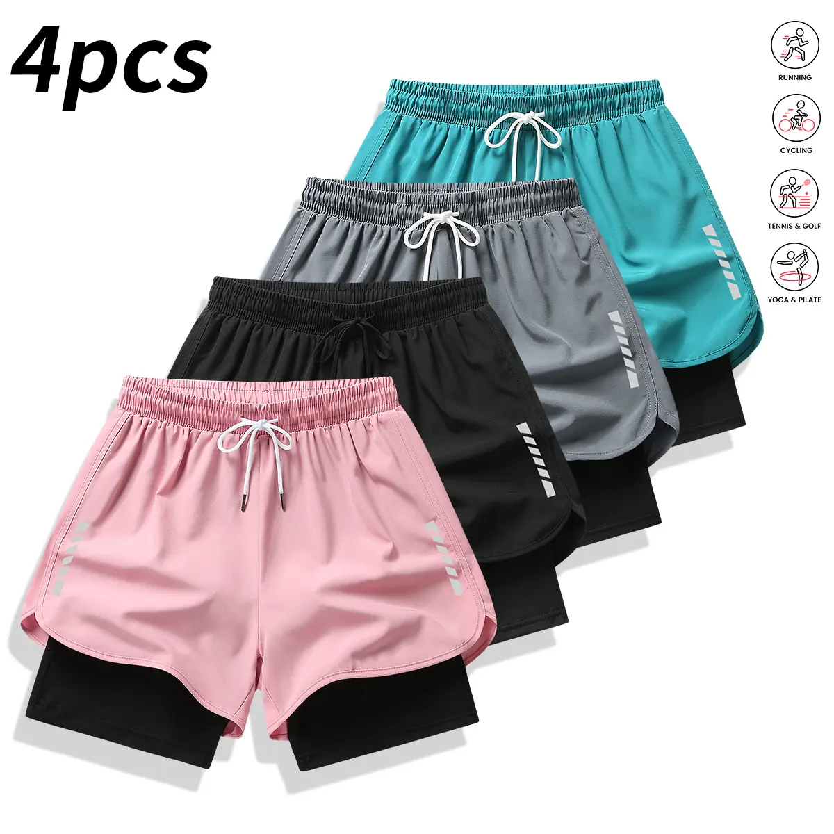 Set of 4 women’s casual athletic shorts featuring striped prints, built-in lining, drawstring, and elastic waistband — lightweight summer shorts, women’s clothing, summer womenswear, suitable for workouts, running, and casual wear
