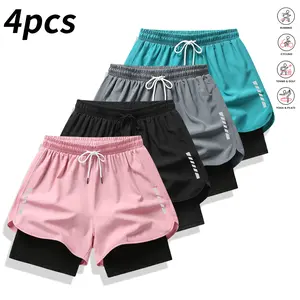 Set of 4 women’s casual athletic shorts featuring striped prints, built-in lining, drawstring, and elastic waistband — lightweight summer shorts, women’s clothing, summer womenswear, suitable for workouts, running, and casual wear