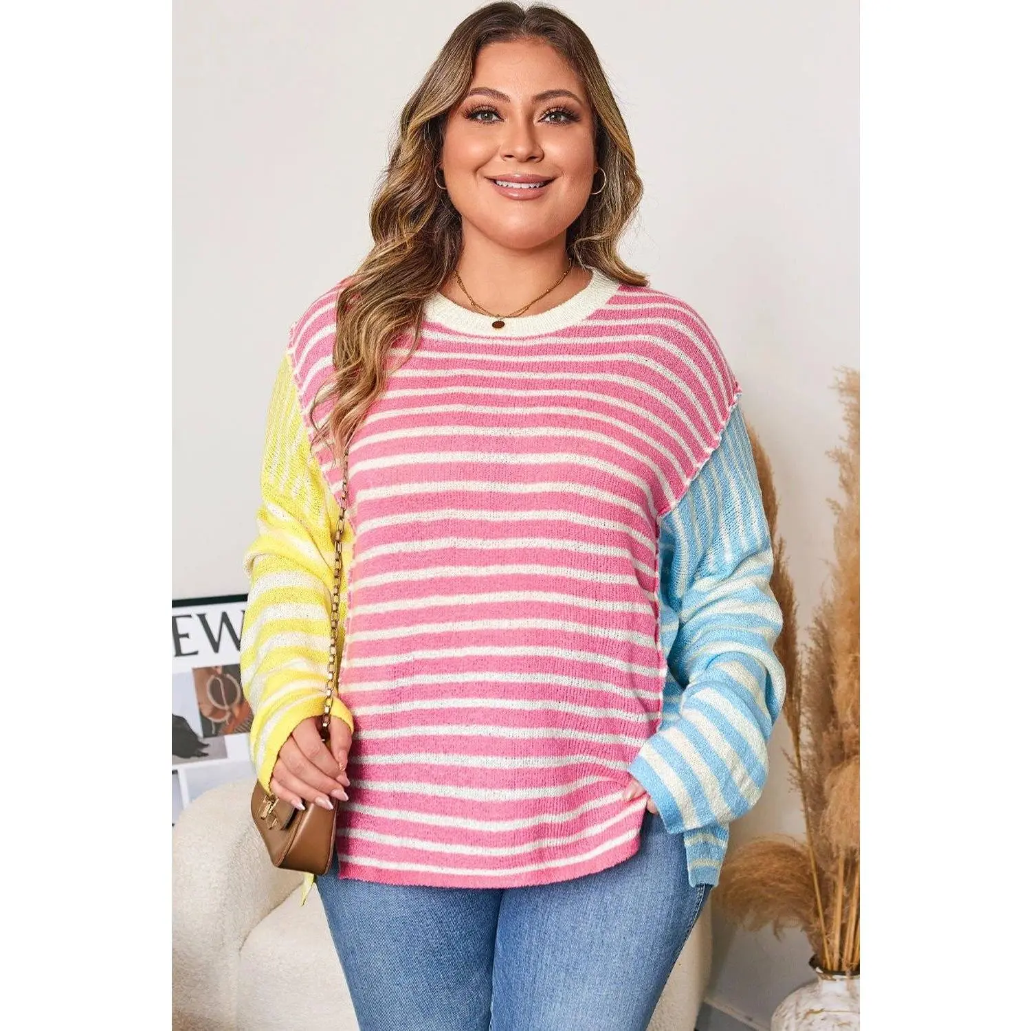 Women's Plus Size Striped Exposed-Seam Color-Block Patchwork Knit Sweater, Casual Everyday Fit Bottom-Pairing Top for Jeans, Soft