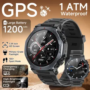 GPS smartwatch with 1200mAh large battery, 1.49-inch HD screen, wireless/answering and making calls/fitness tracker, 100+ sports modes, 1ATM waterproof, flashlight, reverse charging, weather alarm, sports watch, gear for camping & hiking
