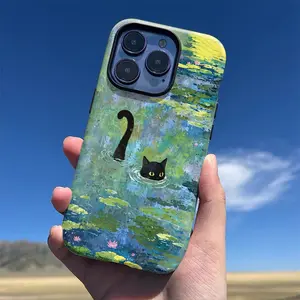This durable, shock-absorbing, glossy two-in-one phone case features a cat silhouette in a water lily pond. Suitable for iPhone 17, 15, 14, 13, 12, 11, and Samsung models. It's a great holiday gift for friends or family.