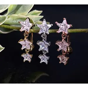 1 Piece Stunning Star CZ Gem Stars Top Drop Dangle Reverse Navel/Naval Belly Ring- 14g - 10mm