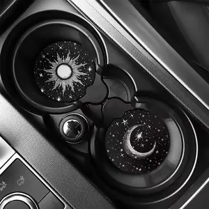 2 Star Moon Car Cup Holder Coasters, Car Interior Accessory, Water Absorbent Design, Finger Slot for Easy Movement, Unisex Vehicle Accessories