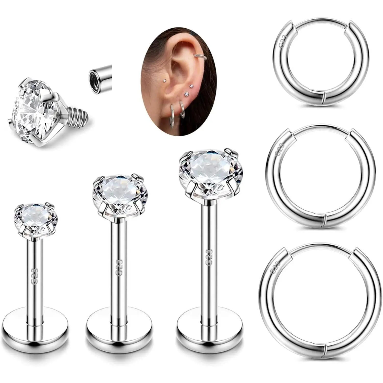 ZELORES 6Pcs G23 Internally Threaded Labret Studs for Women, Zircon Flatback Earrings for Daily Cartilage, Helix & Tragus Piercing, 10mm, 16G, Silver, Bar 6/8/10Mm, 8Mm