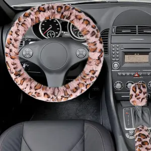 Leopard Pink Car Steering Wheel Cover Set - Fuzzy Fluffy Wheel, Handbrake & Gear Shift Covers - Cozy Winter Upgrade for Women
