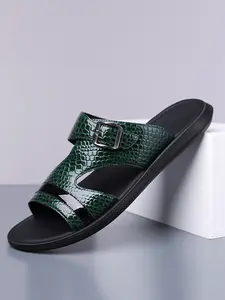 Men's Shiny Leather Slippers, Adjustable Metal Buckle Anti-Slip Soft Sole Casual Toe-Open Strapy Sandal, Durable Summer Beach Shoes Footwear Sandal