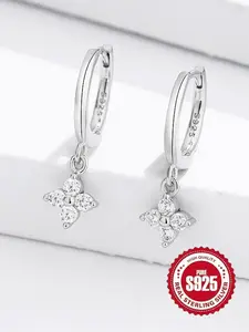 S925 Sterling Silver Four Leaf Clover Rhinestone Design Earrings, Fashionable Earrings for Women, Trendy All-match & Exquisite Jewelry for Birthday Gift