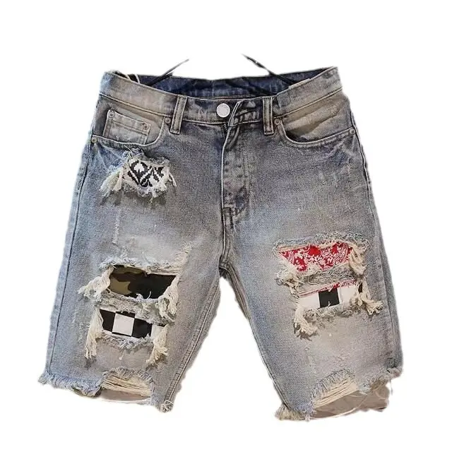 Ripped Denim Shorts 5-Inch Distressed Streetwear Casual - Lightweight Summer ripped denim edge, regular size men's short length jeans, fashionable torn look for everyday wear