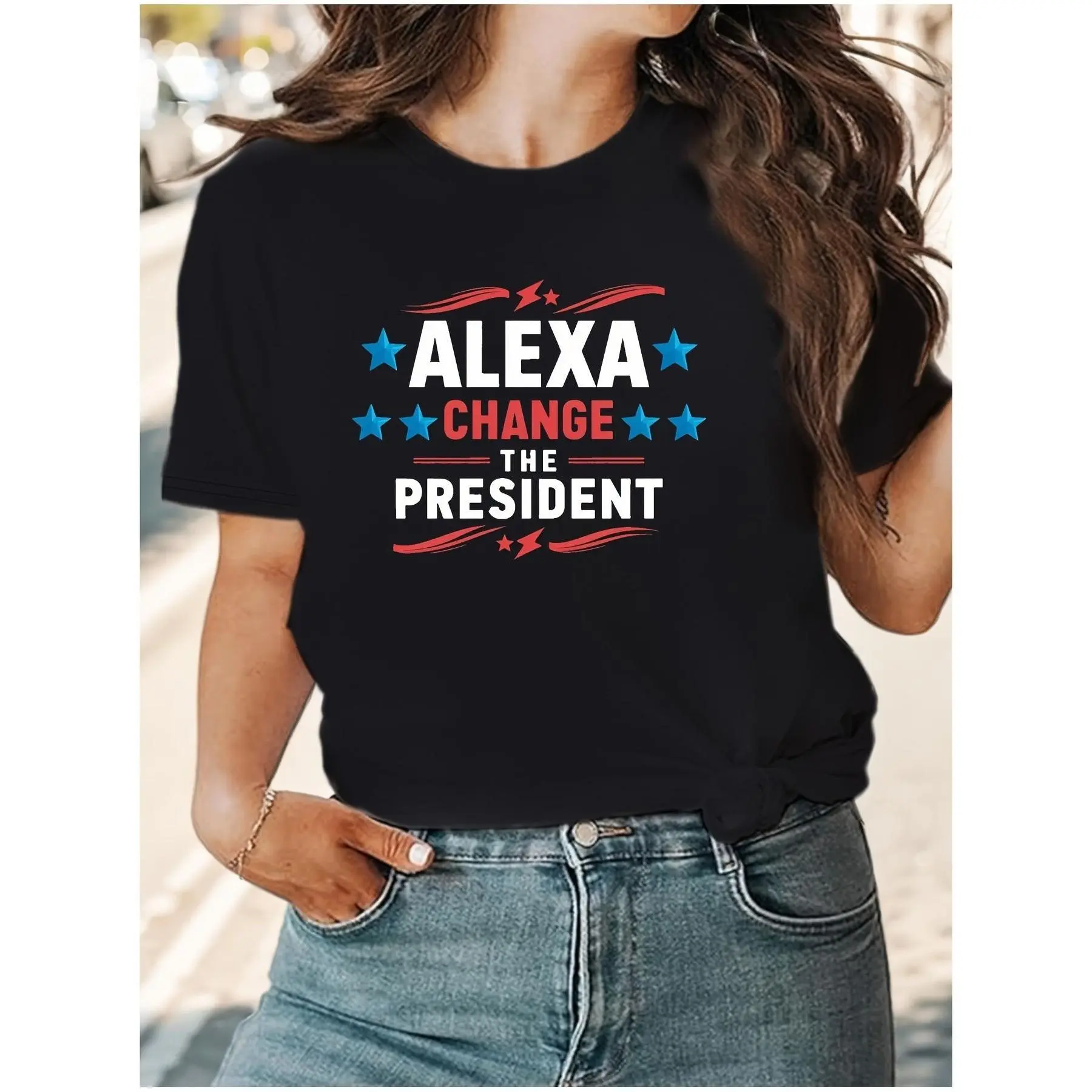 1 Piece Women's Plus Size [Funny] Alexa Change the President Graphic T-Shirt - Women's Casual Tee with Eye-Catching Stars and Stripes Design, Black, Machine Washable, Four Seasons T-Shirt
