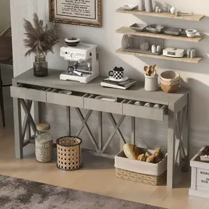 60" Farmhouse Console Table with 4 Drawers, Acacia Veneer Entryway Table with Crisscross Legs for Living Room & Hallway