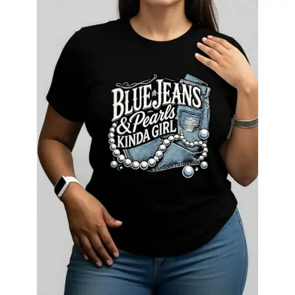 100% Cotton Casual Women's Blue Jeans and Pearls Graphic Cotton Short Sleeve Round Neck T-Shirt with Geometric Design Ideal for Spring Summer Daily Wear Relaxed Fit Streetwear Top Womenswear Breathable Unisex Clothing Streetwear