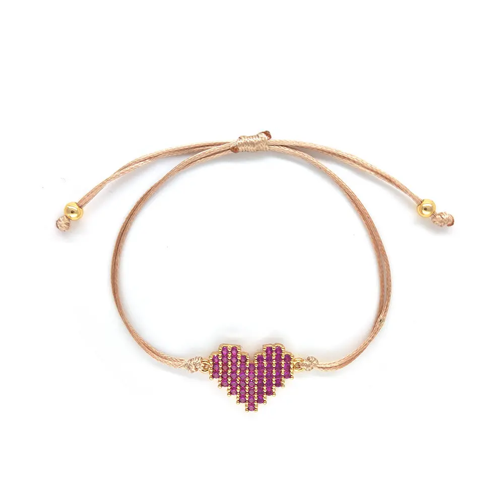 Women's French Style Adjustable String Bracelet - 10.24 Inches, Micro Pavé Cubic Zirconia Pink Heart Charm, Braided Rope Cord, Minimalist Gold Aesthetic, Pixelated High Shine, Everyday Lightweight Jewelry, Adjustable Sliding Slipknot Fit, Valentine Gift