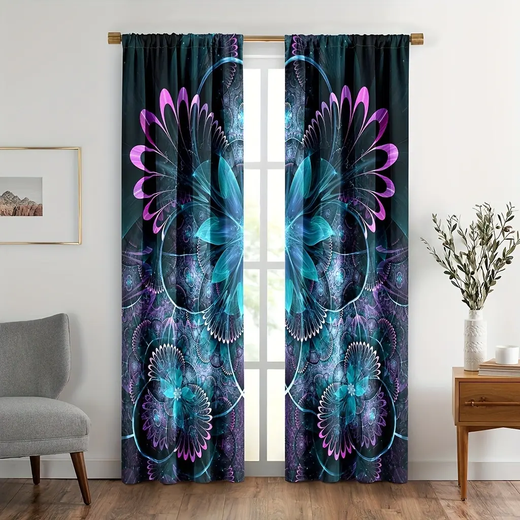 2pcs Polyester Bohemian Charm Drapes - Watercolour Floral & Butterfly Motifs, Rod Pocket Decorative Curtains, Window Treatment for Bedroom, Living Room