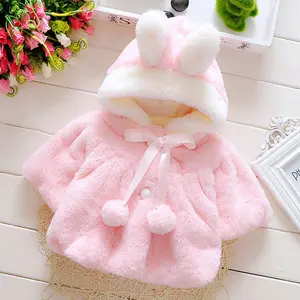 Baby Girl Faux Fur Coat Pearl Button Bow Cute Bunny Ear Hooded Outwear Thick and Warm Jacket
