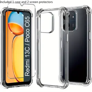 Case for Xiaomi Redmi 13C / Poco C65, with 2 Pieces Tempered Glass Screen Protector, Clear Phone Case with Reinforced Corners Camera Protection Bumper Slim Fit Shockproof Flexible TPU Case, Transparent