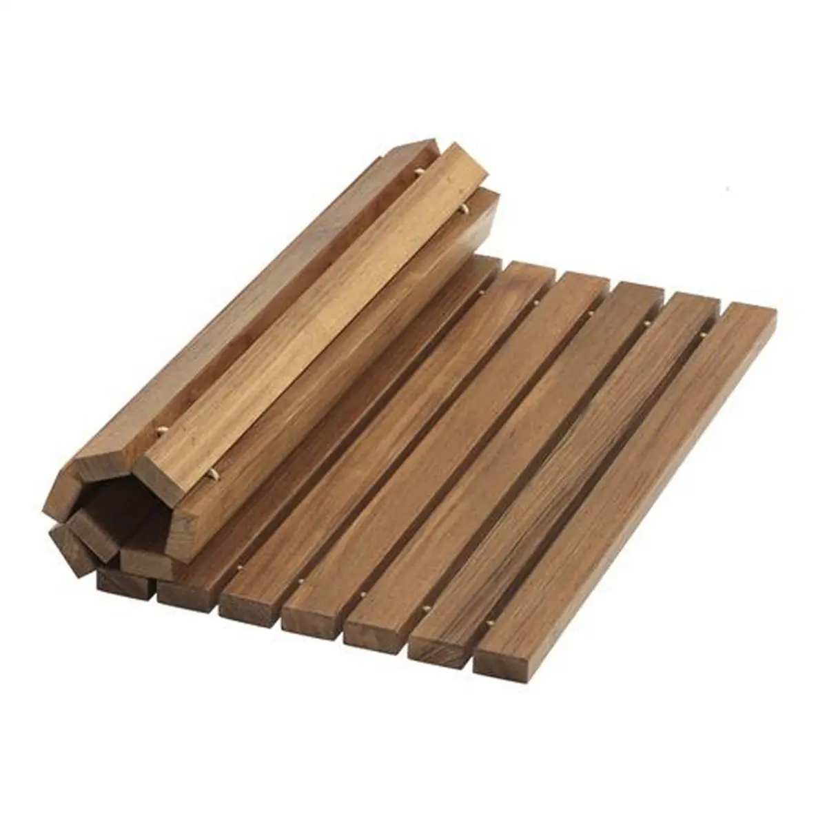 Genuine Brown Teak Wood Bath Shower Mat, 2x3 ft Square, 360 Stand, Eco-Friendly Roll-Up Designer Bathroom Floor Mat for Bath Decor