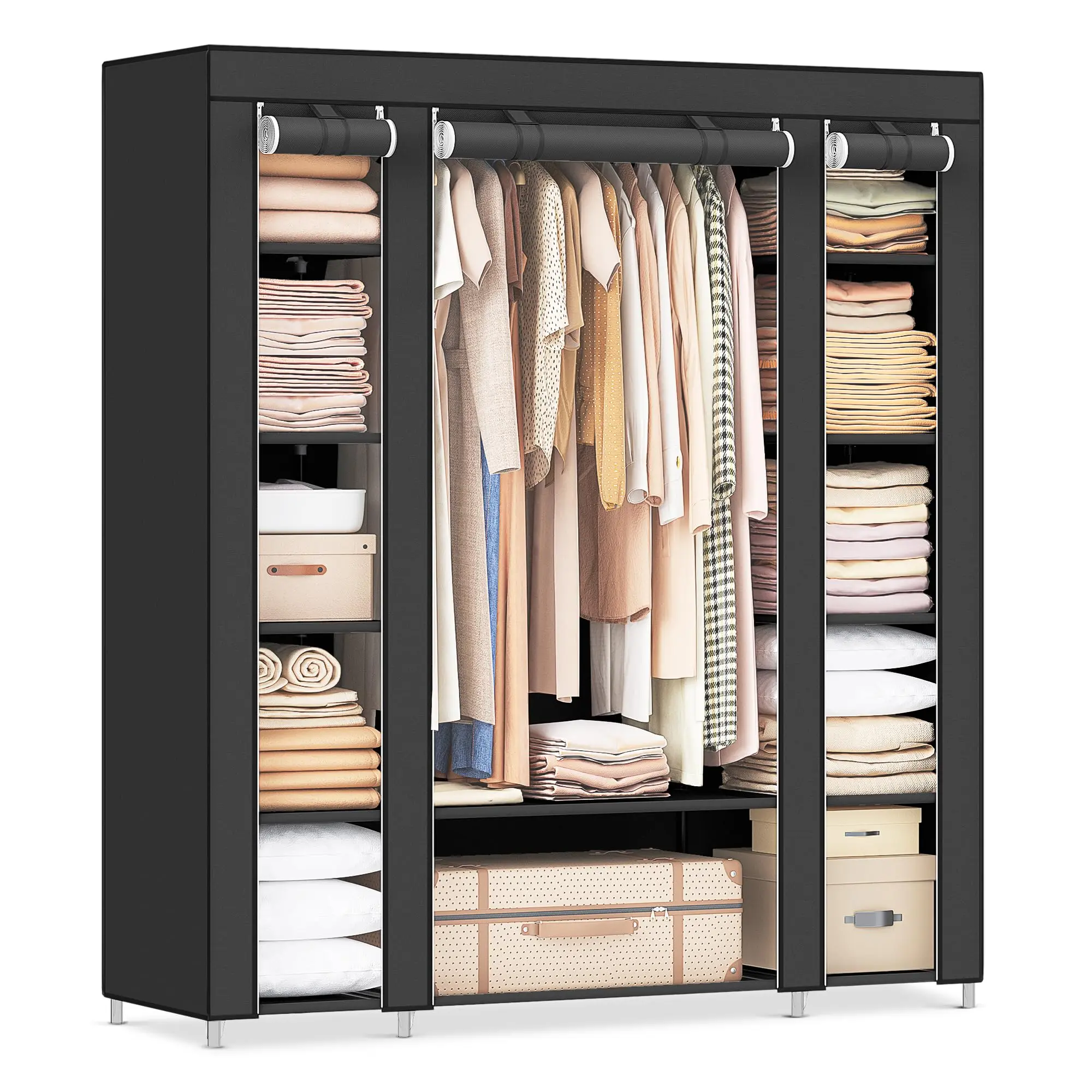 Closet Wardrobe  Portable For Bedroom Clothes Rail With Non-woven Fabric Cover Storage Organizer 59 X 17.7 69 Inches 12 Compartments Black Ulsf03h