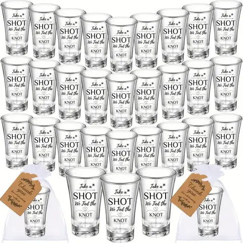 50PCS Acrylic Wedding Shot Glasses – 1.2oz Favors for Guests with 'Take a Shot We Tied the Knot' Stickers, Thank You Tags & Organza Bags – Bridal Shower & Engagement Party Supplies