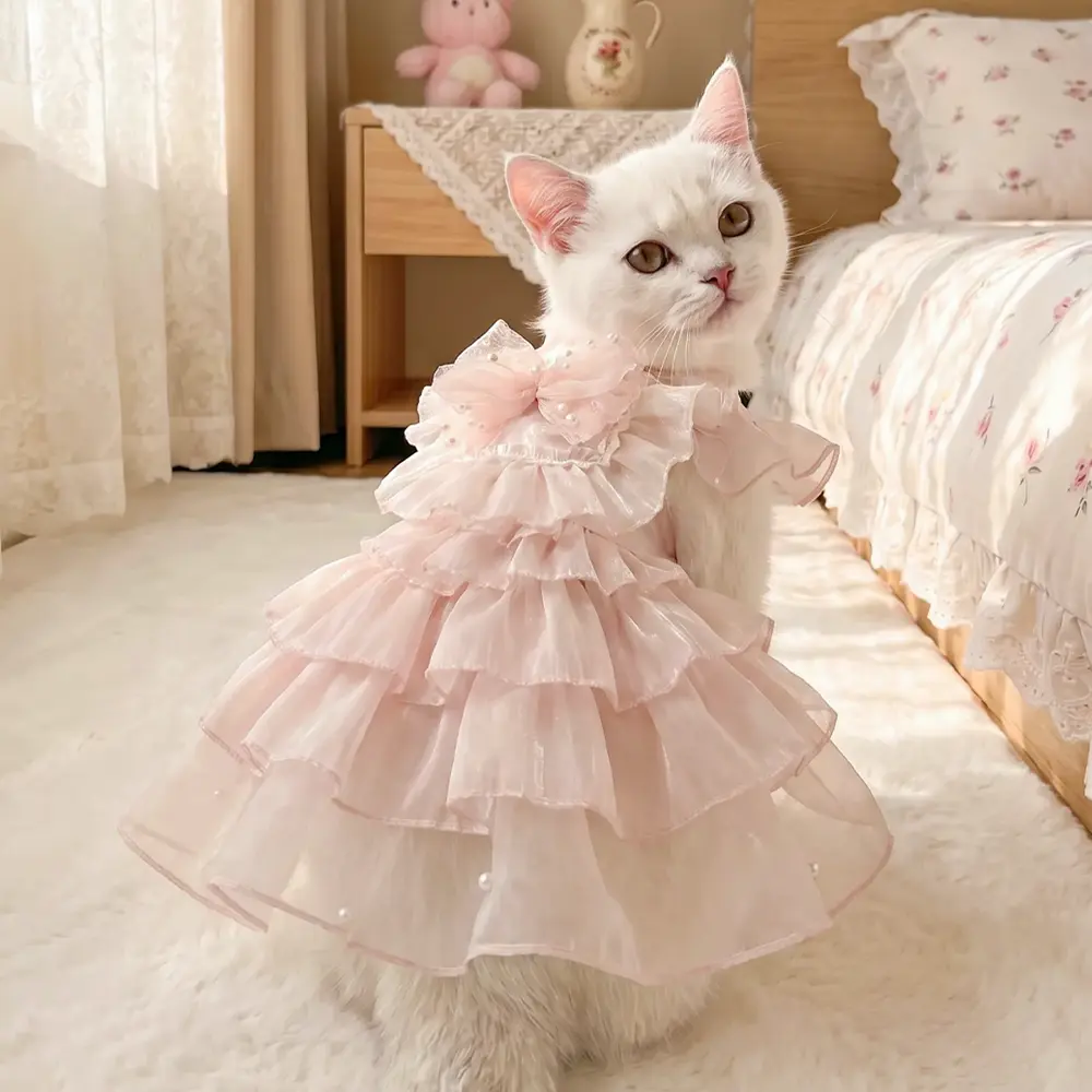 [Pangxigua] Small/Medium Dog & Cat Princess Dress, Blush Pink Organza Fabric, Breathable Fit, Pearl Accents, Ruffle Collar, Multi-Layer Tiered Tulle Tutu for Weddings