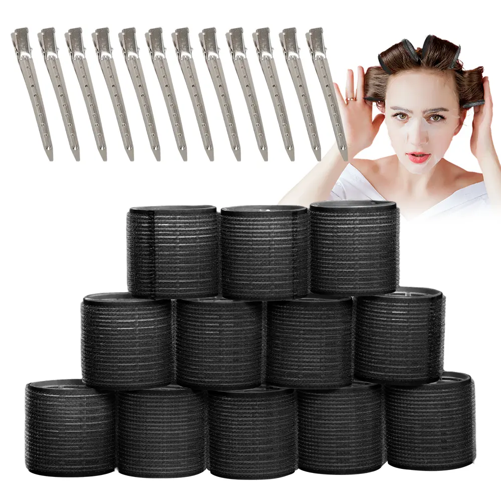 12 piece Self Grip Hair Rollers with Clips Home Travel Hair Styling Accessories Jumbo Hair Curlers Rollers for Long, Medium, Thick Hair