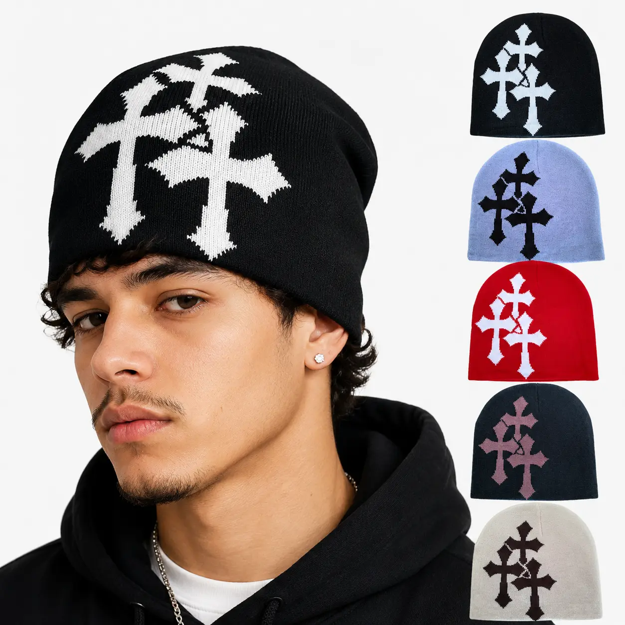 Kru Works Y2K Gothic Cross Beanie Hat, Unisex Jacquard Knit Cap, Fashionable Streetwear Style, Suitable for Daily Wear and Outdoor Sports