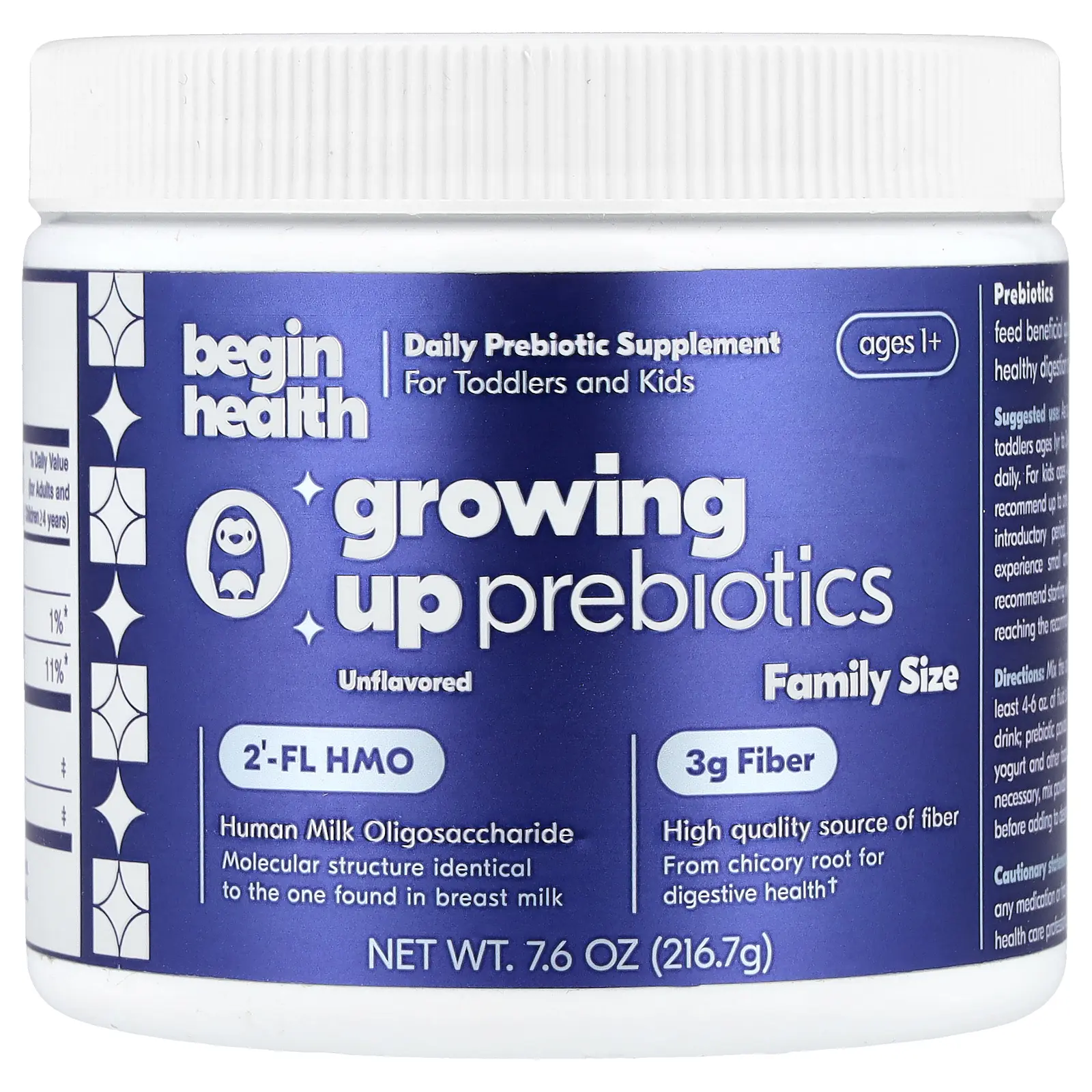 Begin Health Kids, Growing Up Prebiotics, Ages 1+, Unflavored, 7.6 oz (216.7 g)