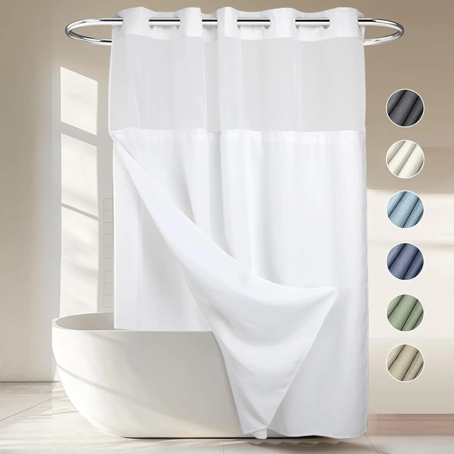 Heavyweight No Hooks Required Dotted Waffle Weave Shower Curtain with Snap in Liner,Bathroom Curtains Shower Set - 71W x 74H,Hotel Grade,Spa Like Bath Curt