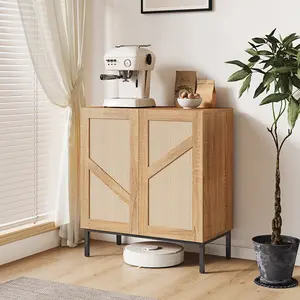 Buffet Cabinet with Rattan Doors, 2-Door Kitchen Storage Cabinet with Adjustable Shelves, Corner Door Design Sideboard Console Table for Coffee Bar,Dining Room, Entryway, Living Room