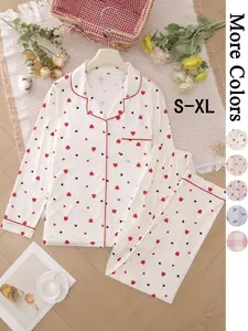 Women's Heart Print Pajama Two-piece Set, Long Sleeve Lapel Neck Button Up Top & Pants PJ Set, Casual Comfy Pyjama Set for Women, Loungewear, Sleepwear Pajamas, Matching PJ Set