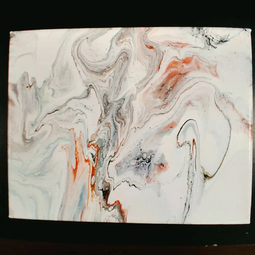 Original Acrylic Paint Hanging Wall Artwork - 8x10 in 1-Piece Stretched Canvas, Abstract Swirls Orange-Blue-Teal-Gold on White Background, Default Size Small Space Decor & Thoughtful Gift, One-Piece