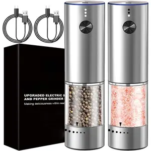 Rechargeable Electric Salt and Pepper  Set, Upgraded Larger Capacity, Stainless Steel Automatic Pepper Salt Mill  Set with LED Light, 6 Adjustable Coarseness