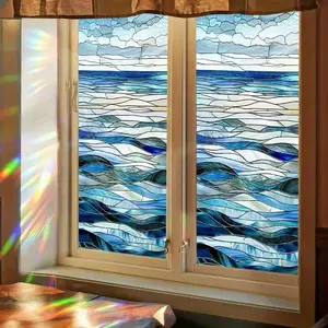 Fashion Art Window Film, 2D Flat Ocean Wave Color Block Pattern Glass Sticker, PVC Static Adhesive Decorative Film, Home Decoration