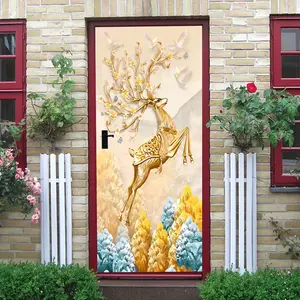2 Golden Deer Relief Wall Sticker Living Room Entrance Decoration Self Adhesive Wallpaper Bedroom Background Wall Decal Nordic Style Warm Lucky Deer Sticker Home Decor Mural Art